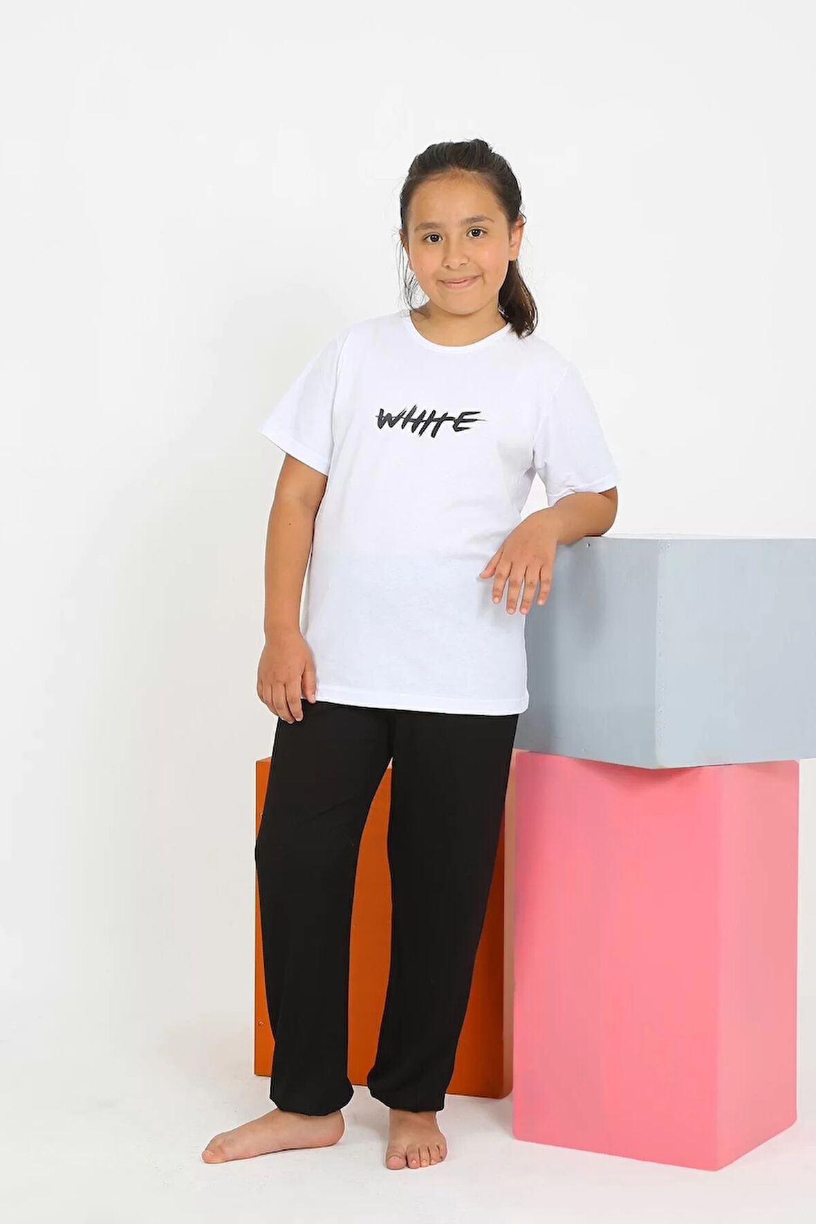 Moda Kız Çocuk Kısa Kol Beyaz Penye Pijama Takım