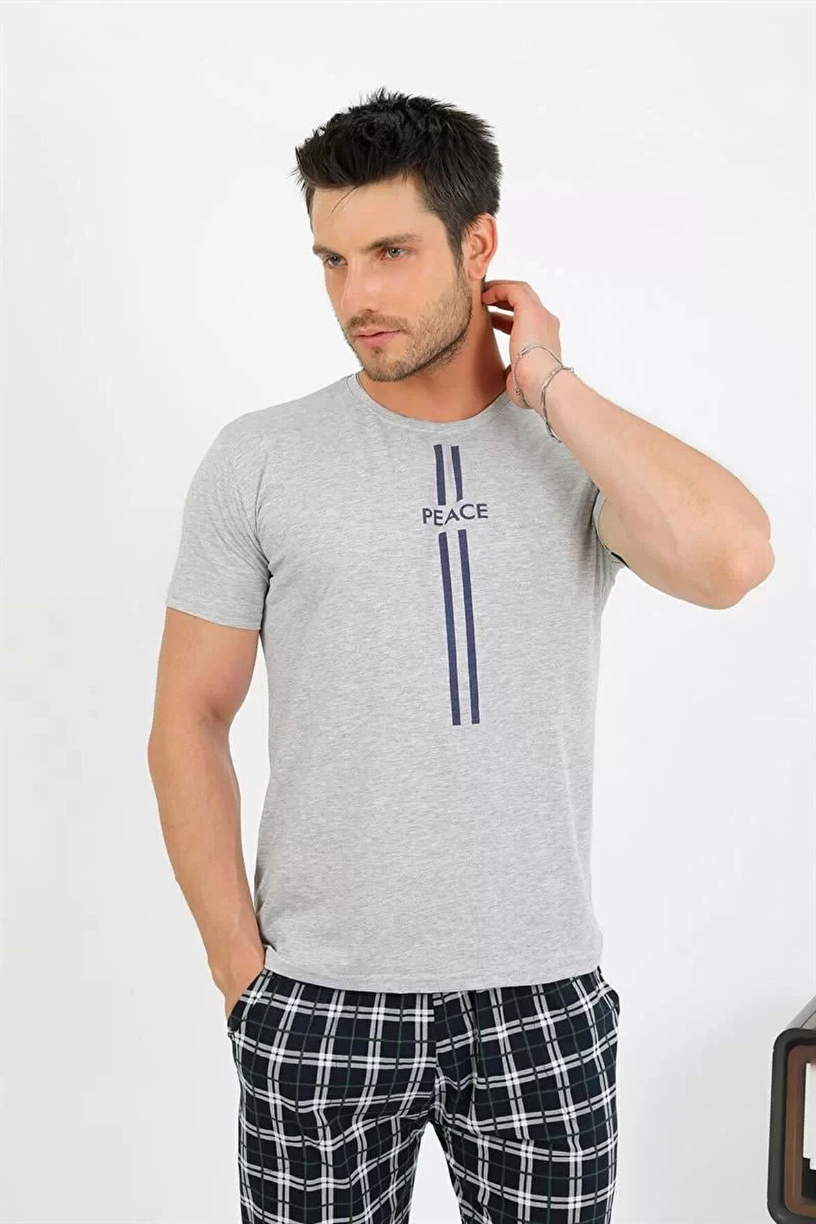 Moda Erkek Pamuk Kısa Kol Pijama Takım Gri