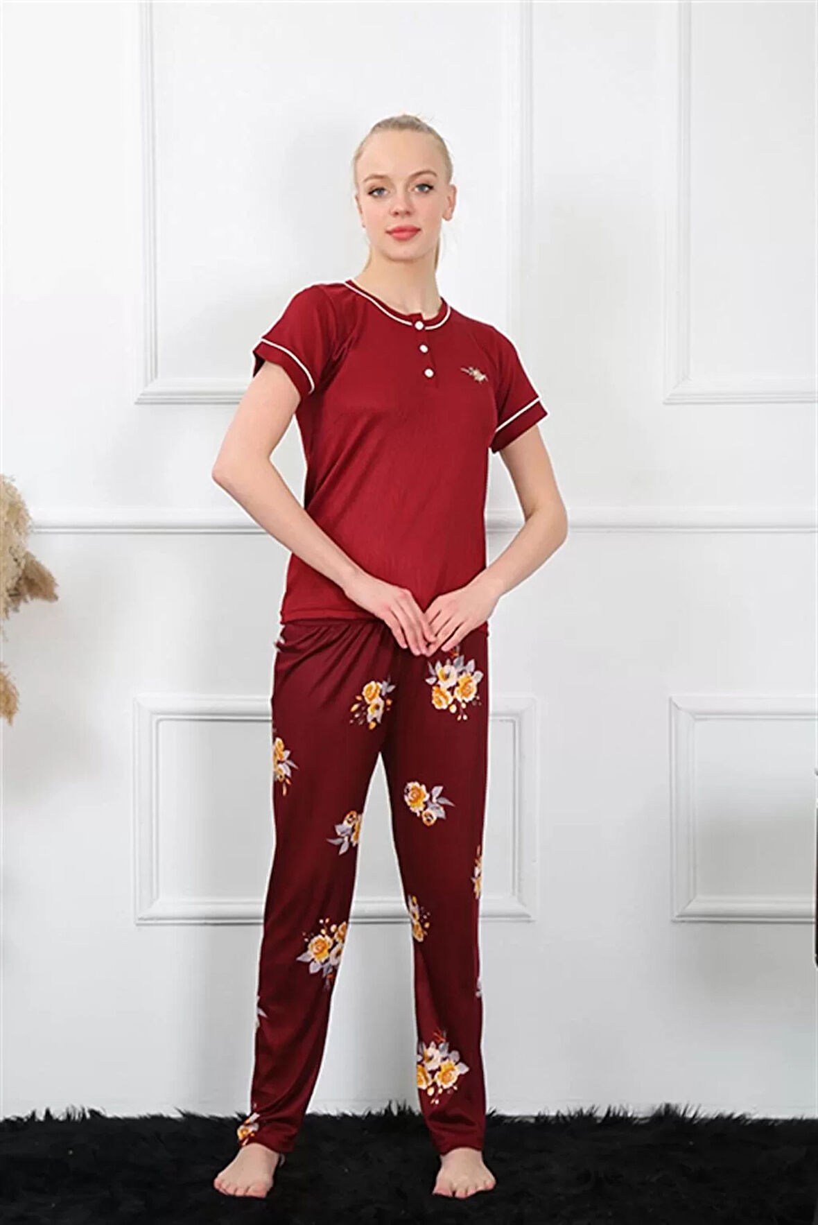Moda Kadın Bordo Kısa Kol Pijama Takım