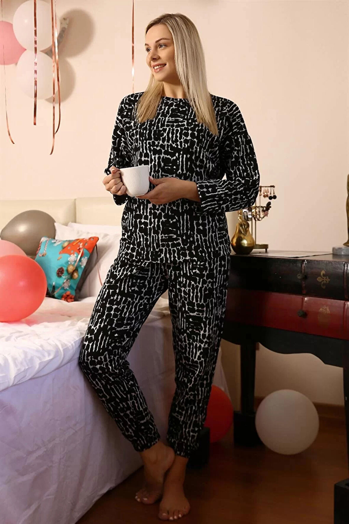 Moda Kadın Uzun Kol 3 İplik Penye Pijama Takım Siyah