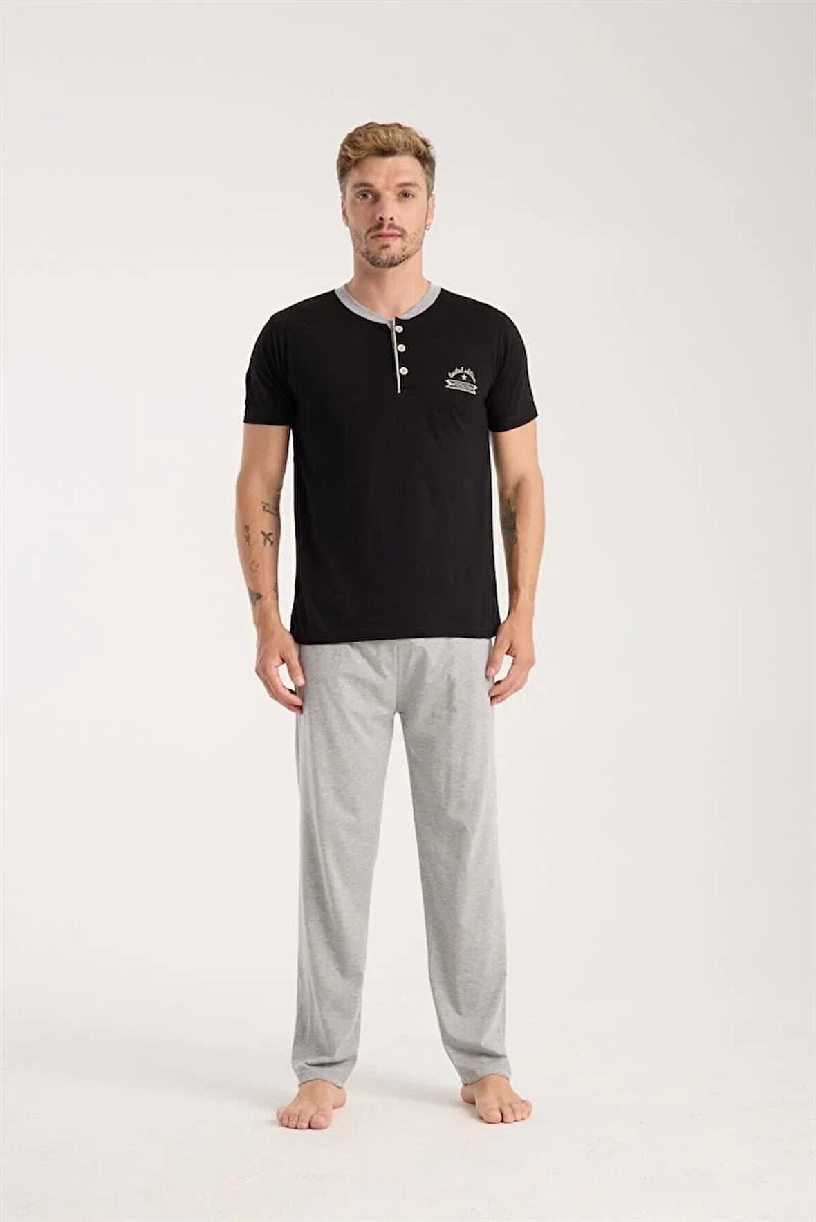 Moda Erkek Siyah Düğmeli Yaka Kısa Kol Pijama Takımı