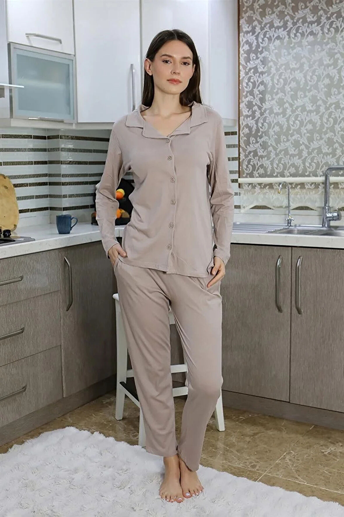 Moda Kadın Pamuk Penye Önden Düğmeli Uzun Kol Pijama Takım Vizon