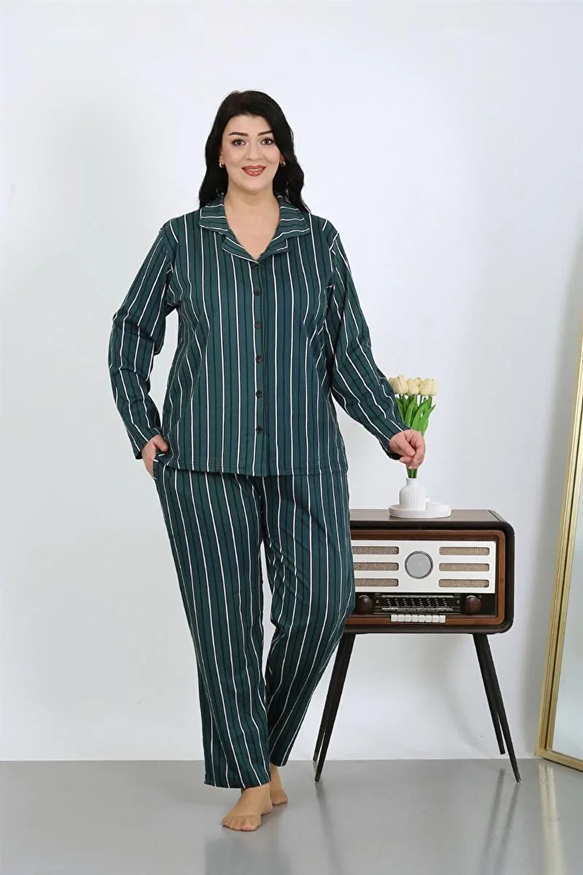 Moda Kadın Büyük Beden Pamuklu Cepli Düğmeli Petrol Pijama Takım