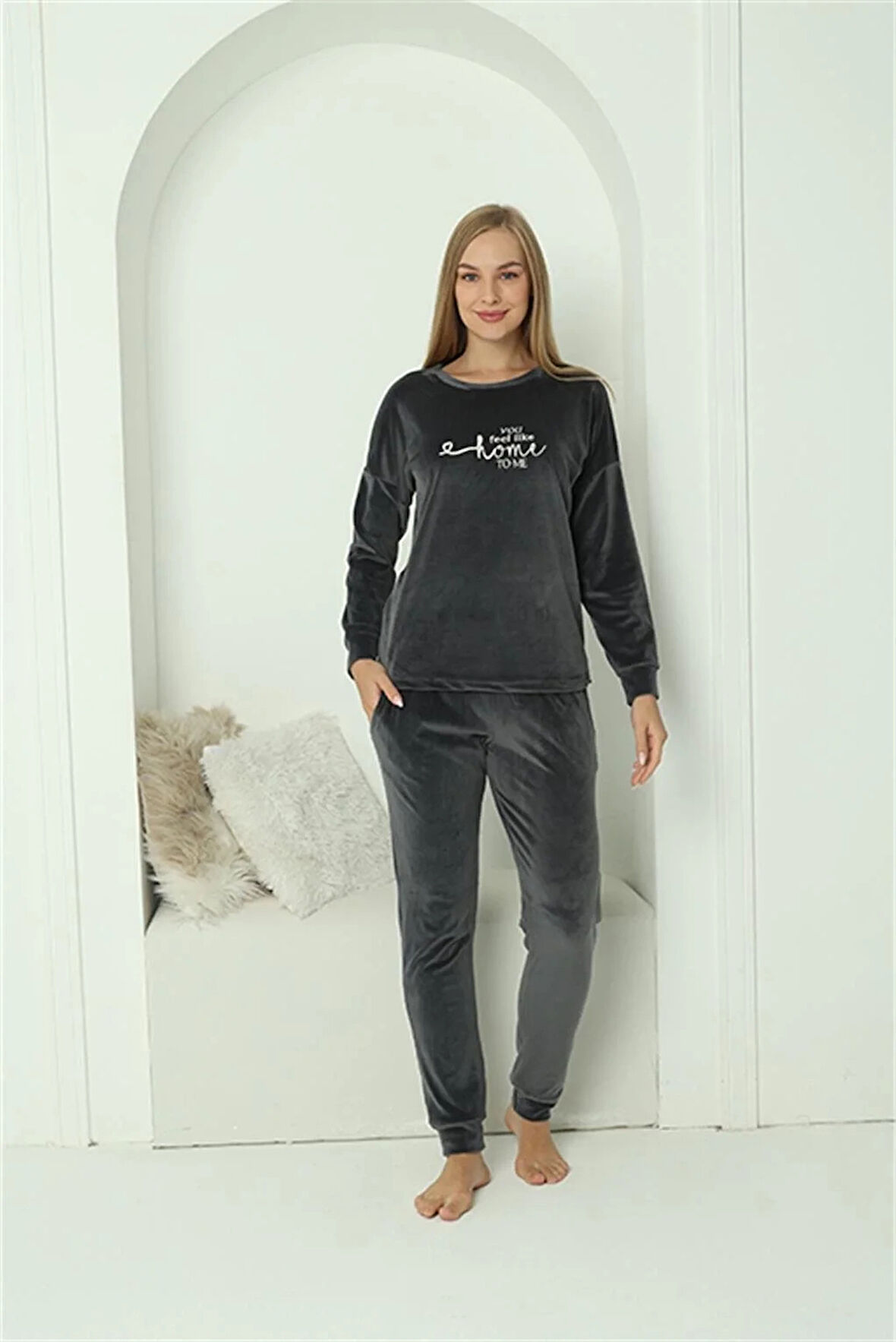 Moda Kadın Kadife Füme Pijama Takım