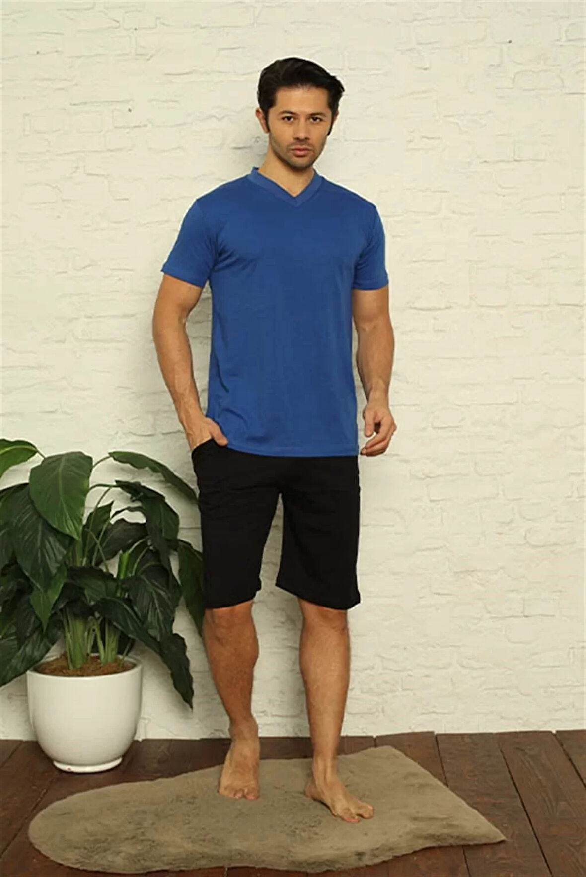 Moda Erkek Saks V Yaka 3'lü Pijama Takım