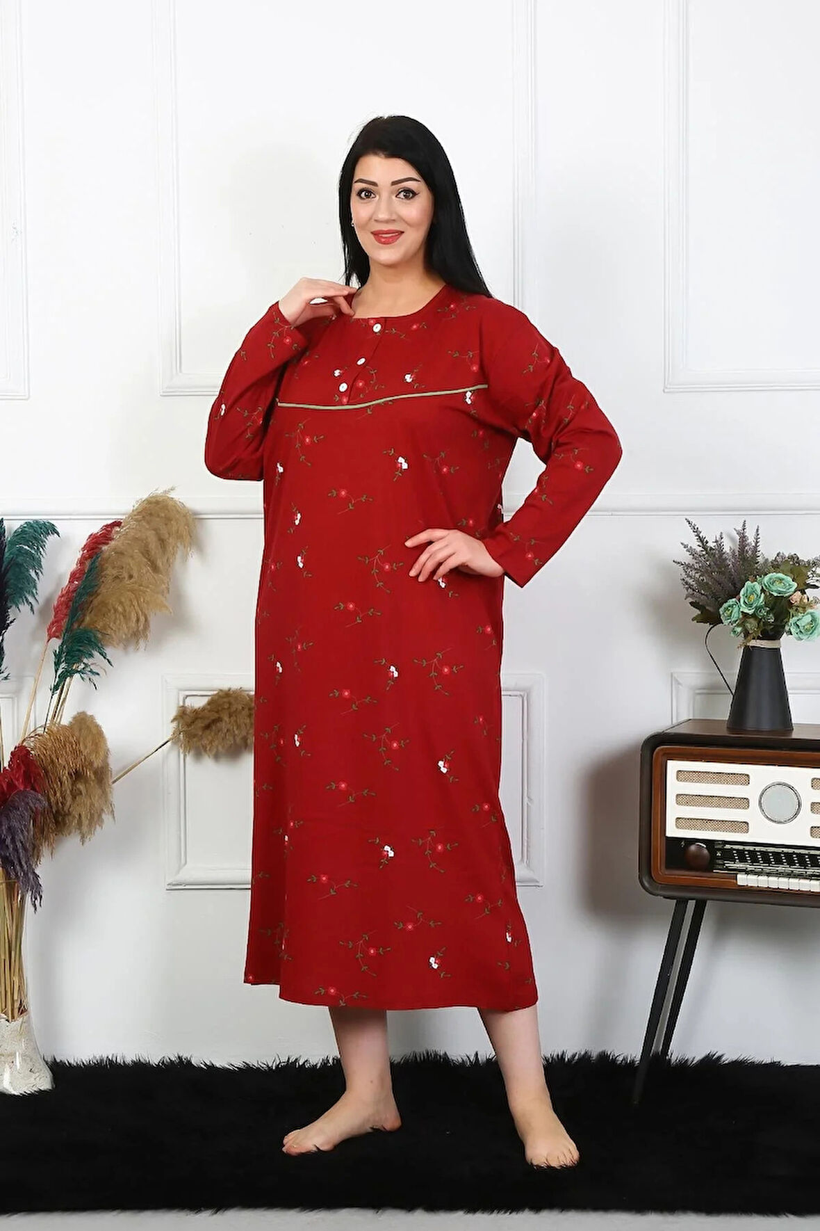 Moda Kadın Büyük Beden Uzun Kol Bordo Anne Gecelik