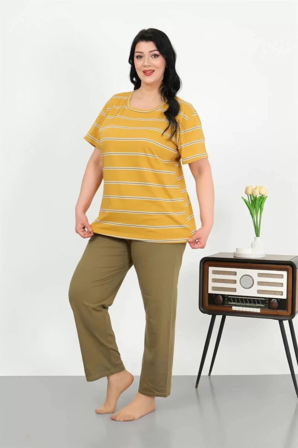 Moda Kadın Büyük Beden Kısa Kol Penye Pijama Takımı Sarı