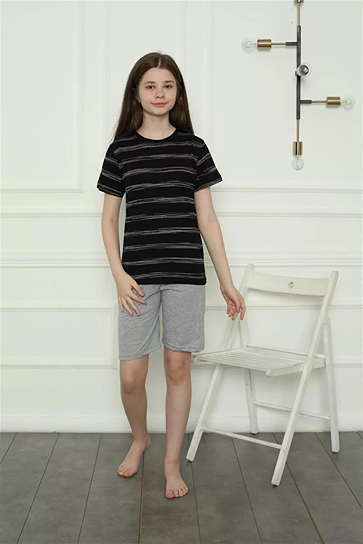 Moda Kız Çocuk Penye Şortlu Pijama Takım Siyah