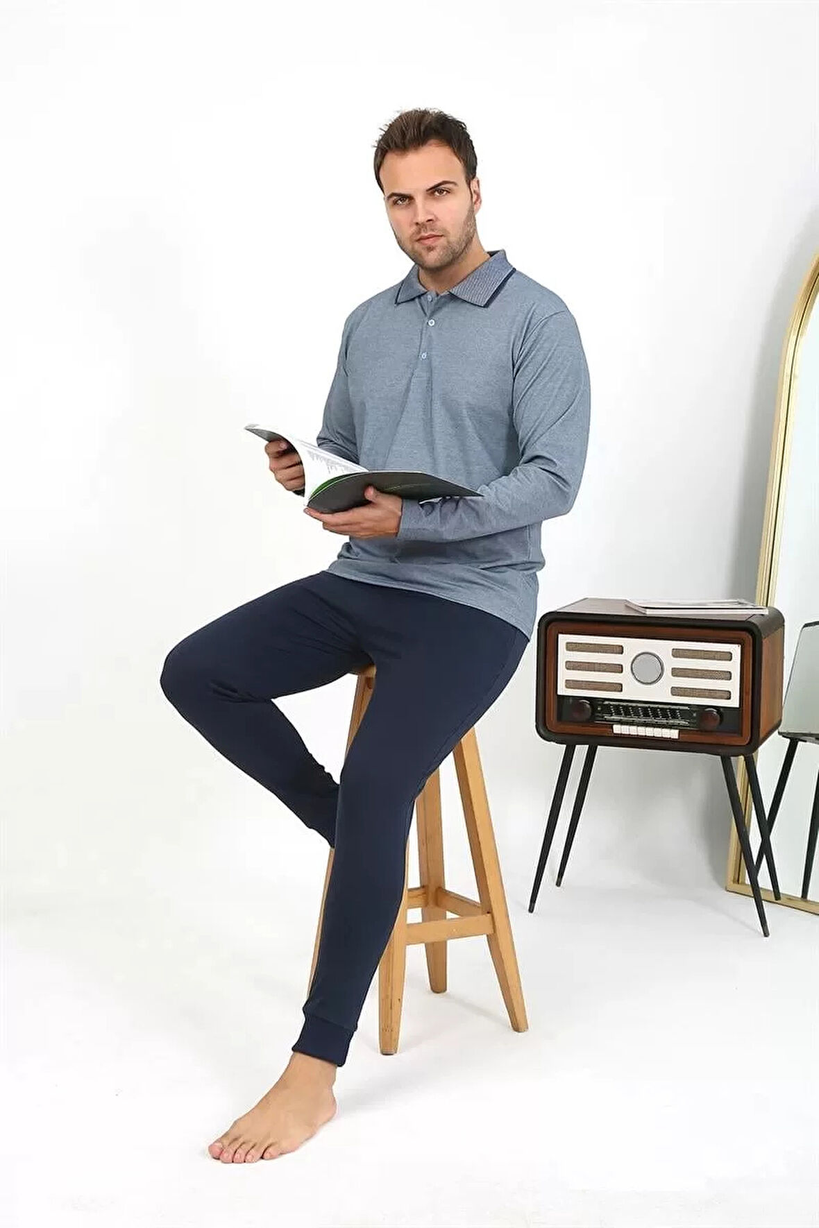 Moda Erkek Polo Yaka Uzun Kol Penye Pijama Takımı Gri