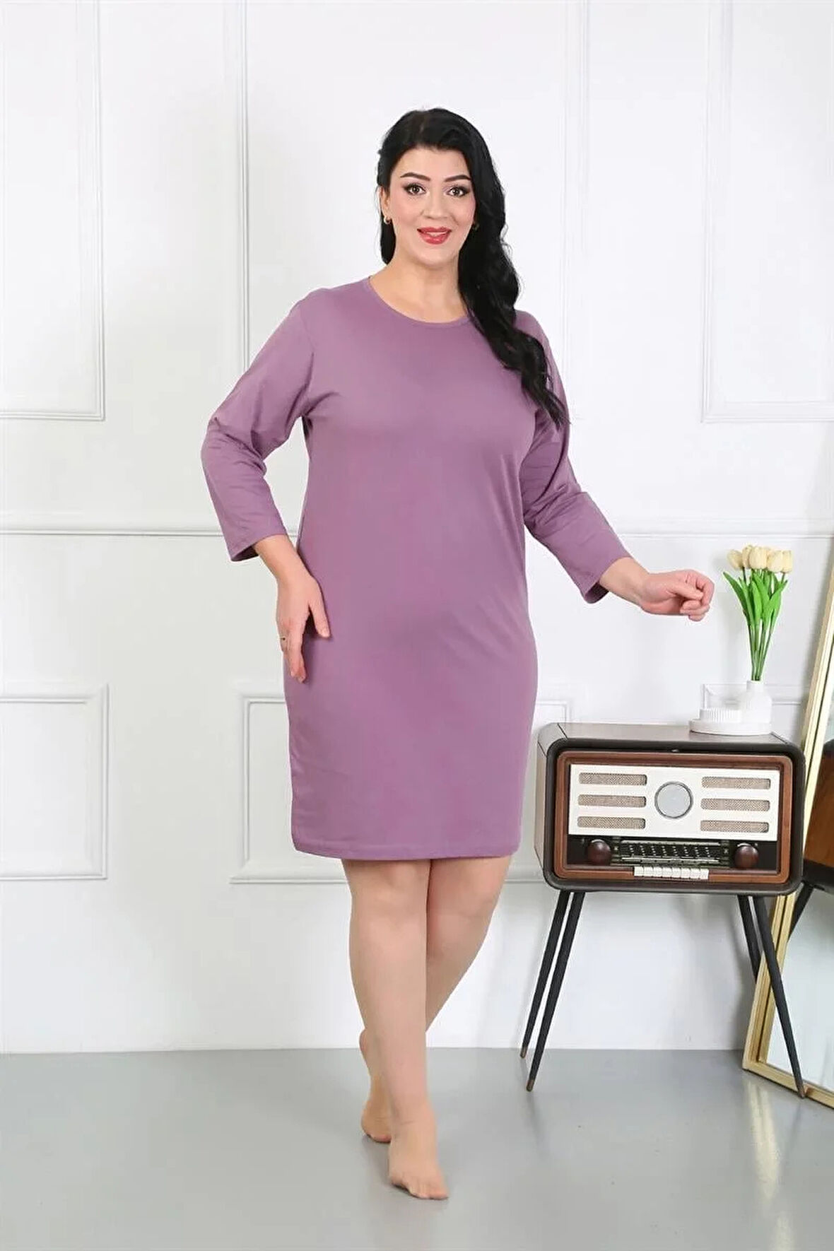 Moda Kadın Büyük Beden Penye Gecelik Ev Elbisesi Mürdüm