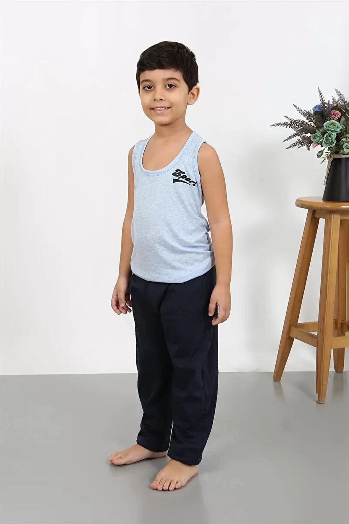 Moda Erkek Çocuk Sıfır Kol Penye Pijama Takım Mavi