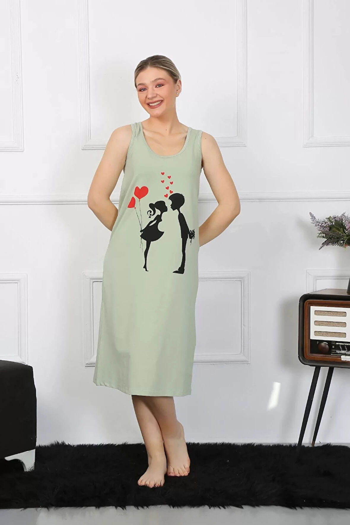 Moda Kadın Kalın Askılı Penye Uzun Fıstık Yeşili Gecelik