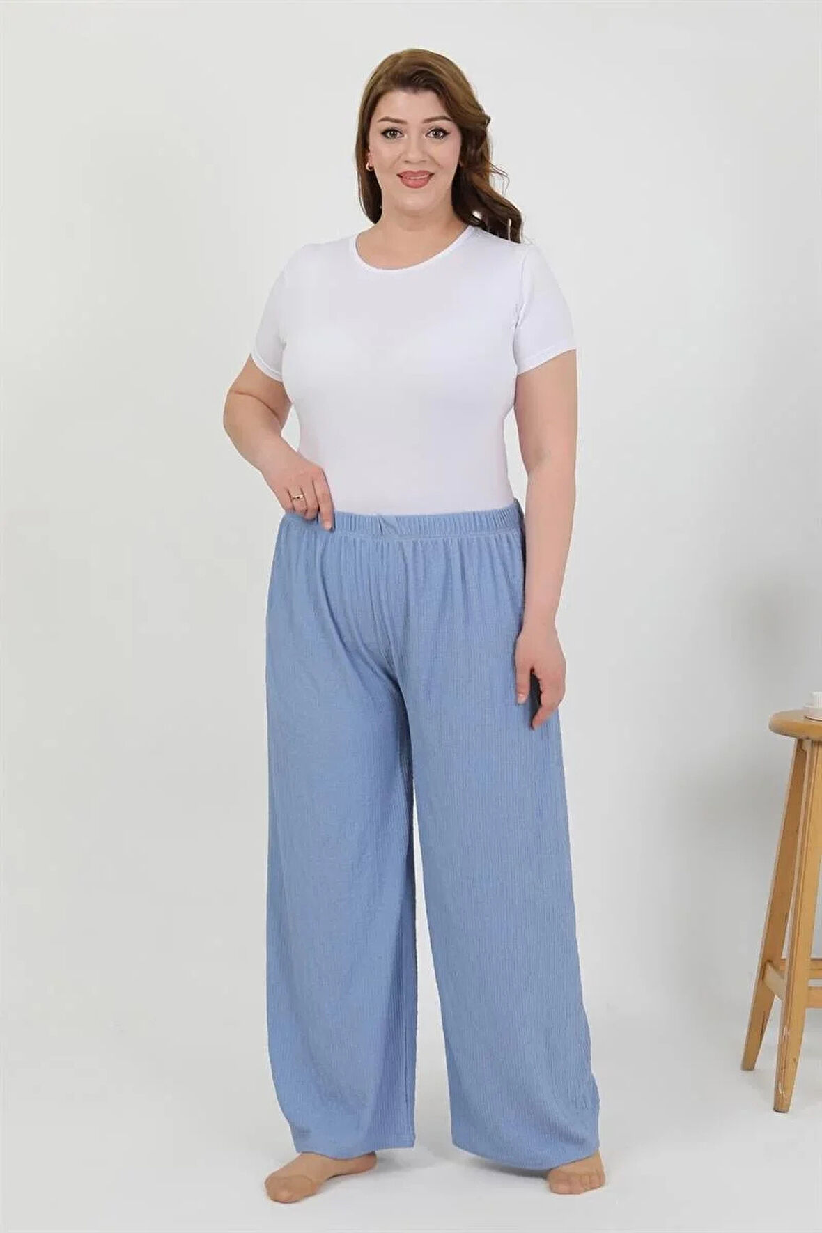 Moda Kadın Büyük Beden Bürümcük Pantolon  Mavi