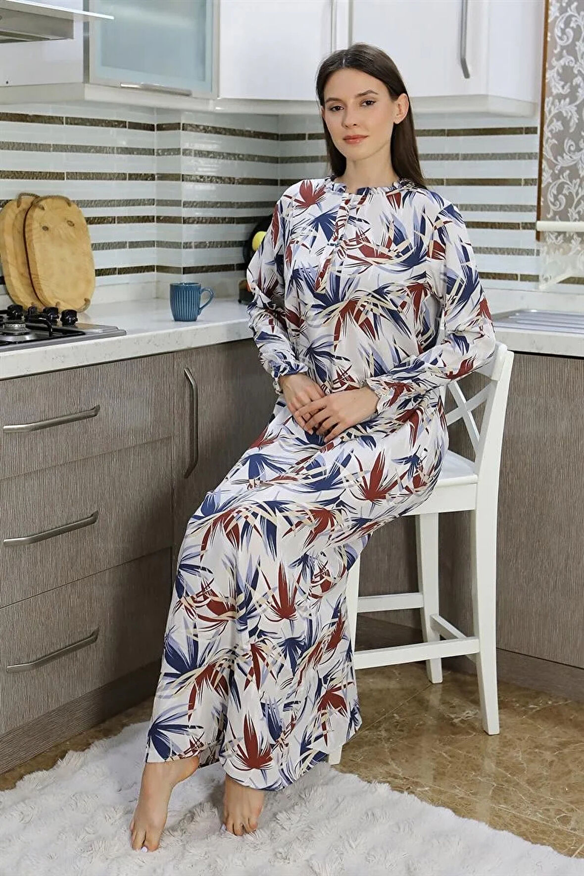 Moda Kadın Uzun Kol Penye Gecelik Ev Elbisesi Krem