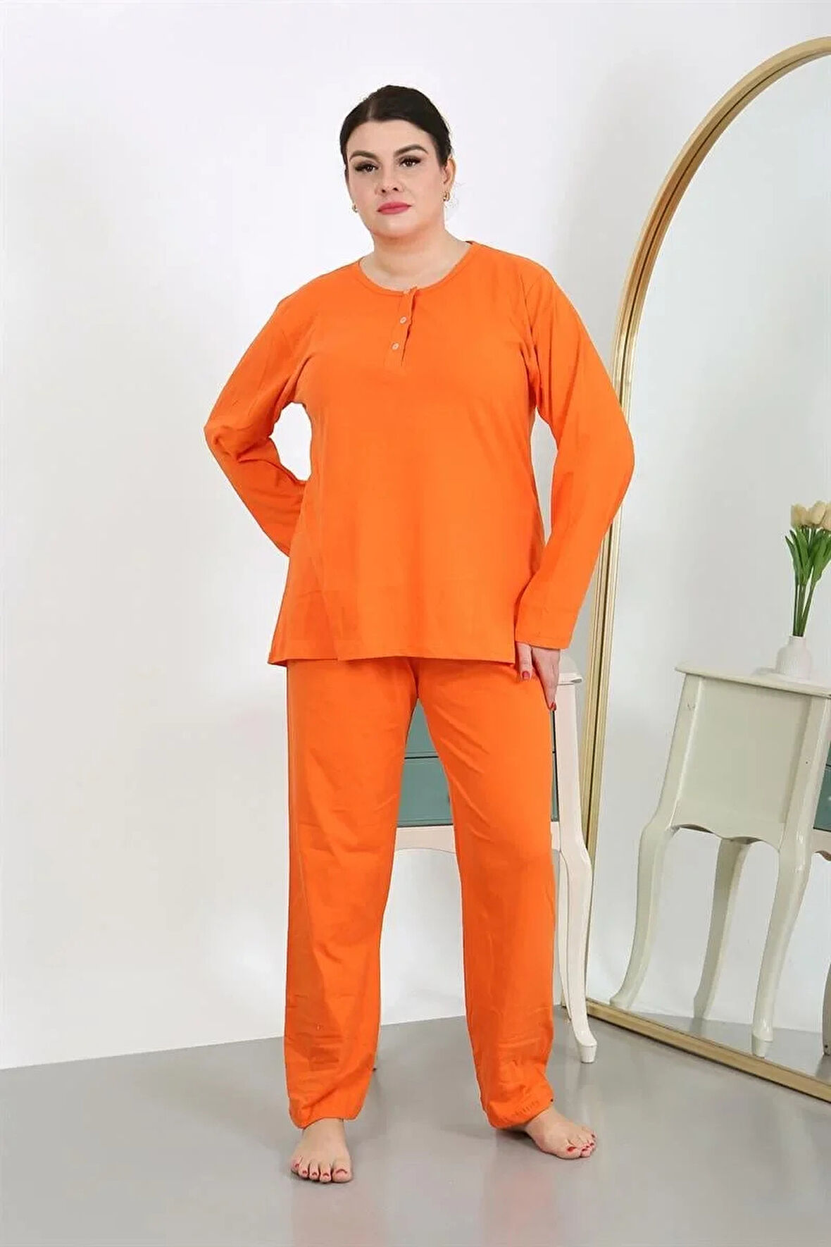 Moda Kadın Büyük Beden Uzun Kol Penye Pijama Takımı Turuncu