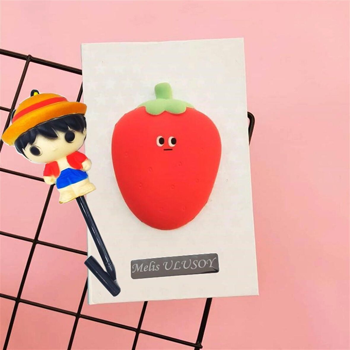 Kişiye Özel Sevimli Çilek Squishy Defter ve Silikon Kalemlik Squishy Jel Mürekkep Kalem