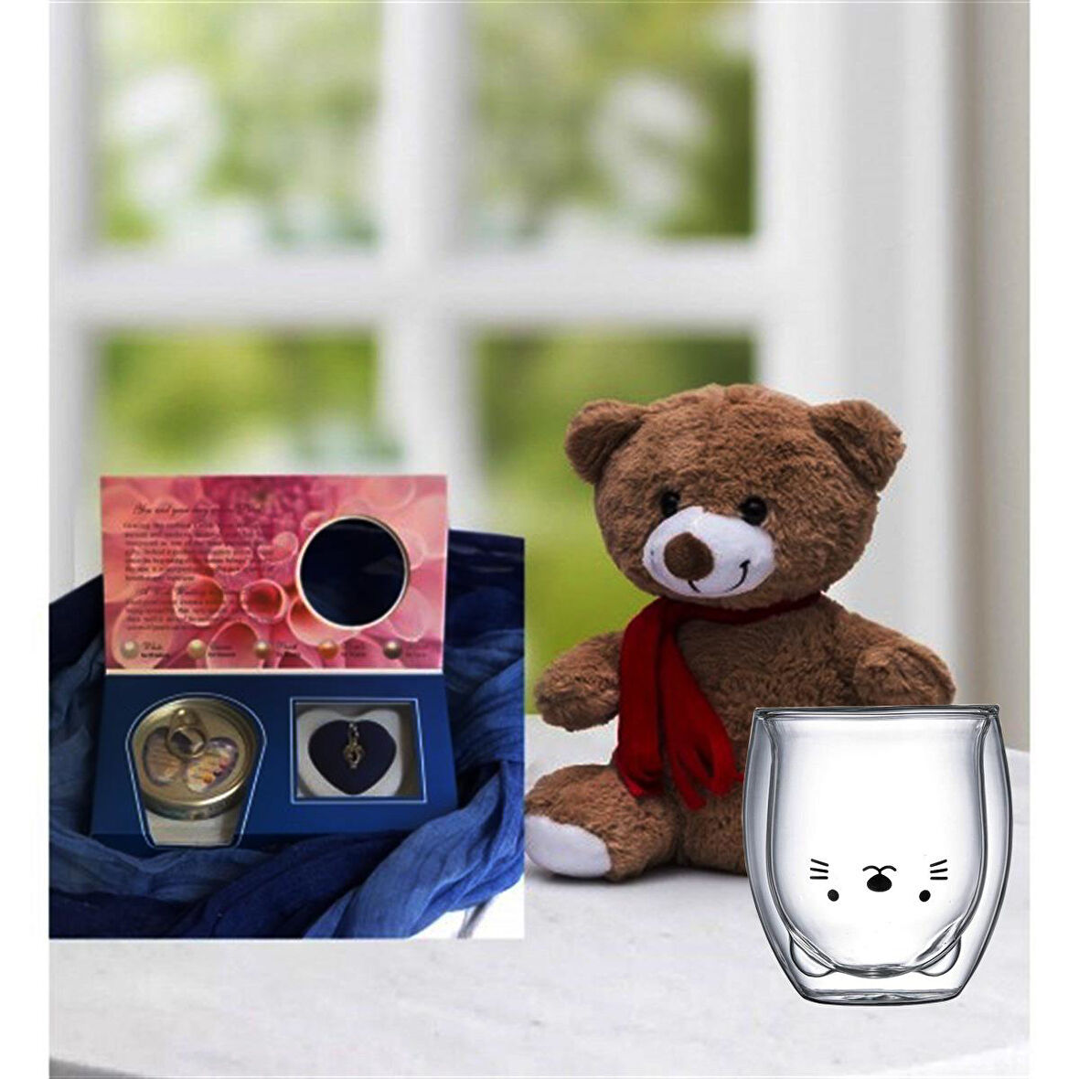 Peluş ayıcık ve istiridye içinde gerçek inci kolye Kedi Çidarlı Bardak