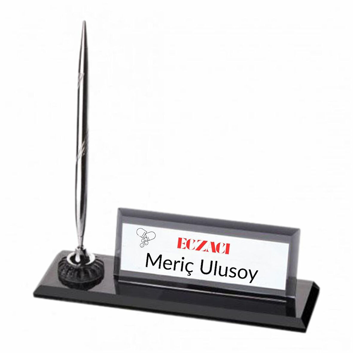 Eczacılara Özel Logolu Masa Üstü İsimlik | Kalemli Kristal Tasarım