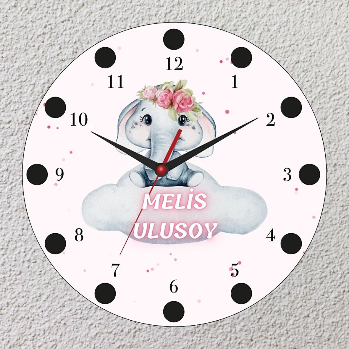 Sevimli Fil Temalı İsimli Cam Duvar Saati | Çocuklara Özel Tasarım 20x20