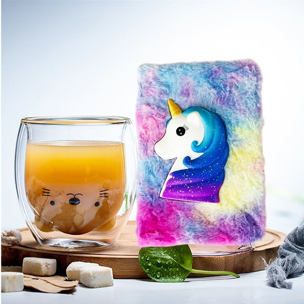 Renkli Unicorn Squishyli Peluş Defter ve Kedi Çidarlı Bardak Hediye Seti