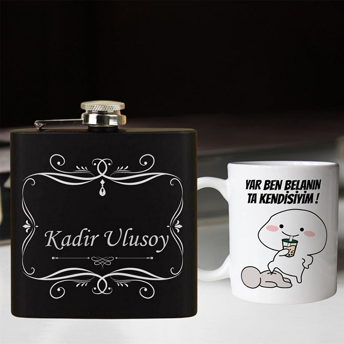 Kişiye Özel Cep Matarası ve Yar Ben Belanın Ta Kendisiyim Kupa Bardak Hediye Seti