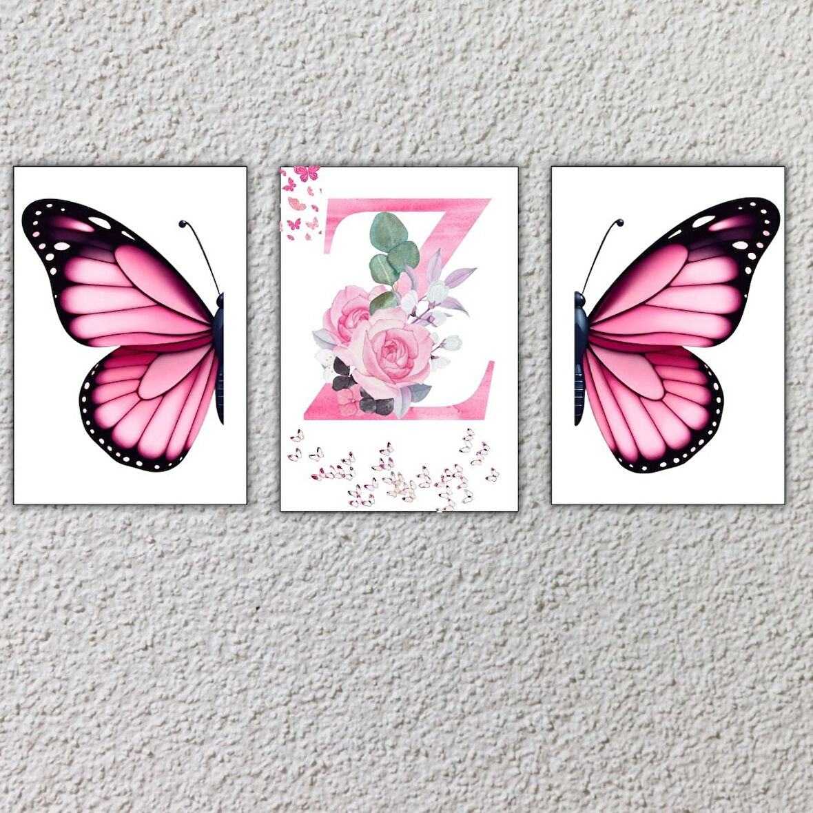 Kız Çocuk Odası İçin Pembe Kelebek ve Harf Tasarımlı Çerçevesiz Duvar Posteri