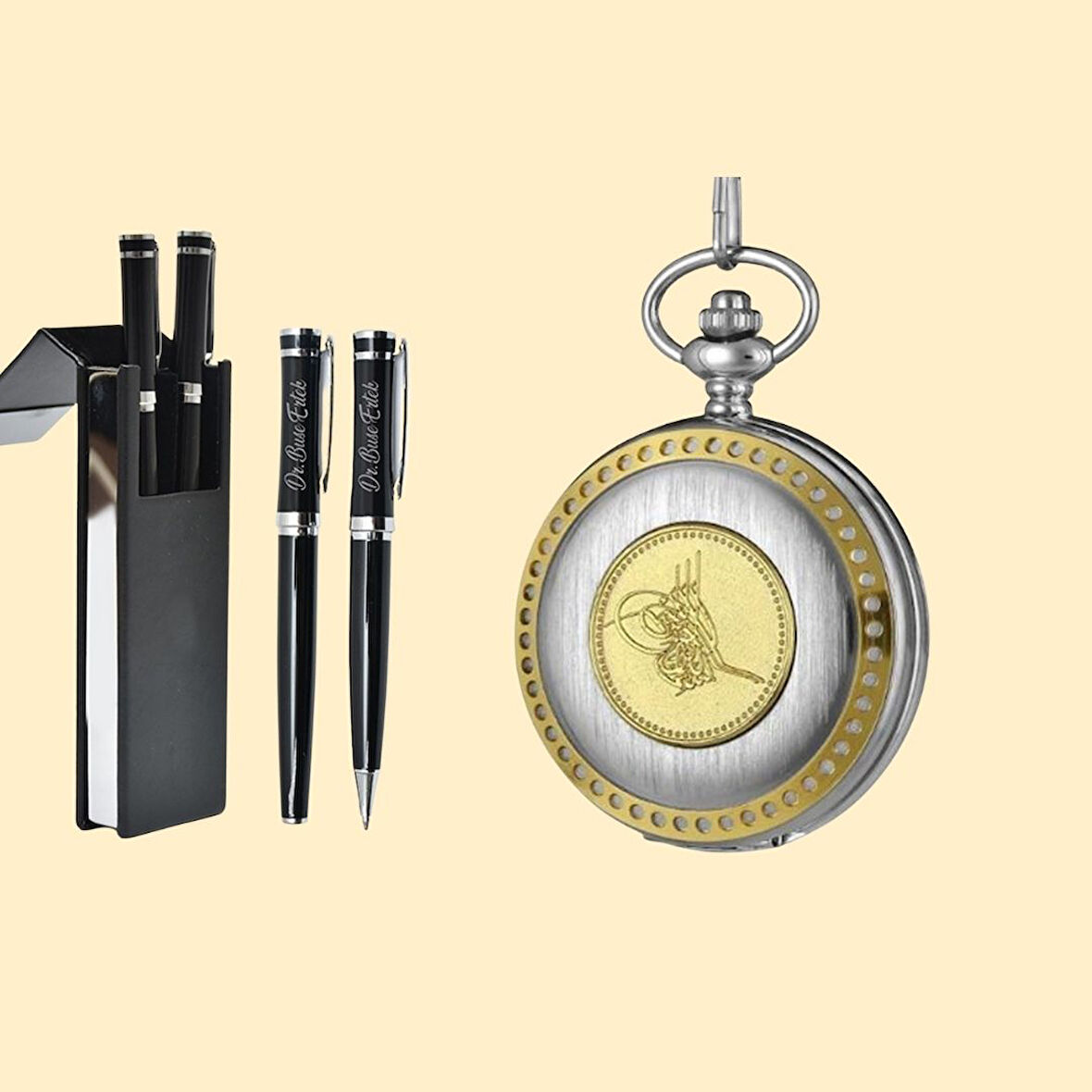 Kişiye Özel İmzalı Masaüstü Kalem Seti ve Osmanlı Tuğralı Cep Saati Hediye Seti