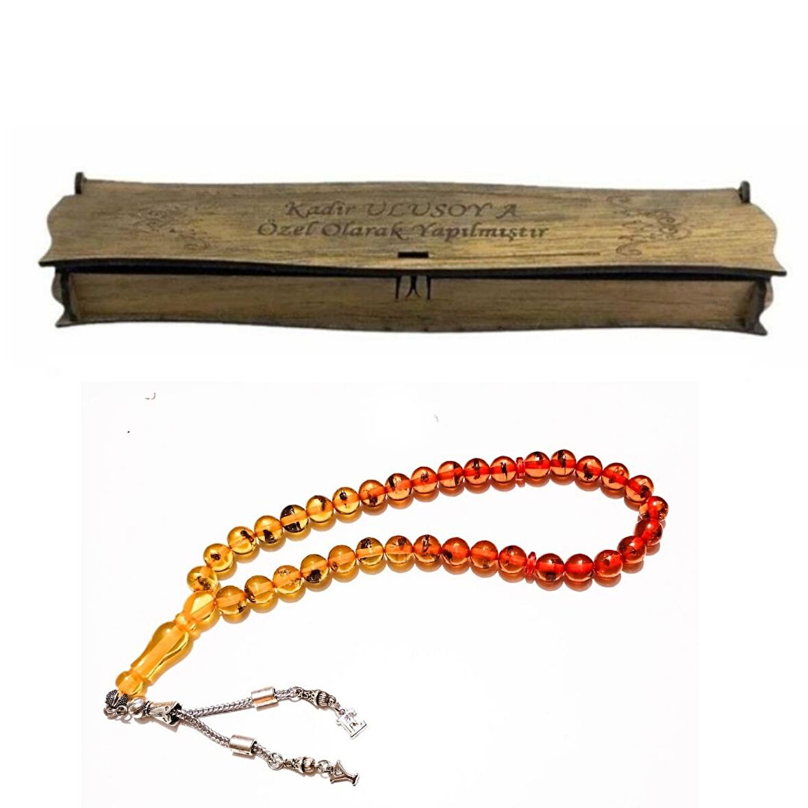 Kişiye Özel Kutulu Renk Süzmesi Karınca Fosilli Toz Kehribar Tesbih – İsim Baş Harfli Şık Erkek Tesbih