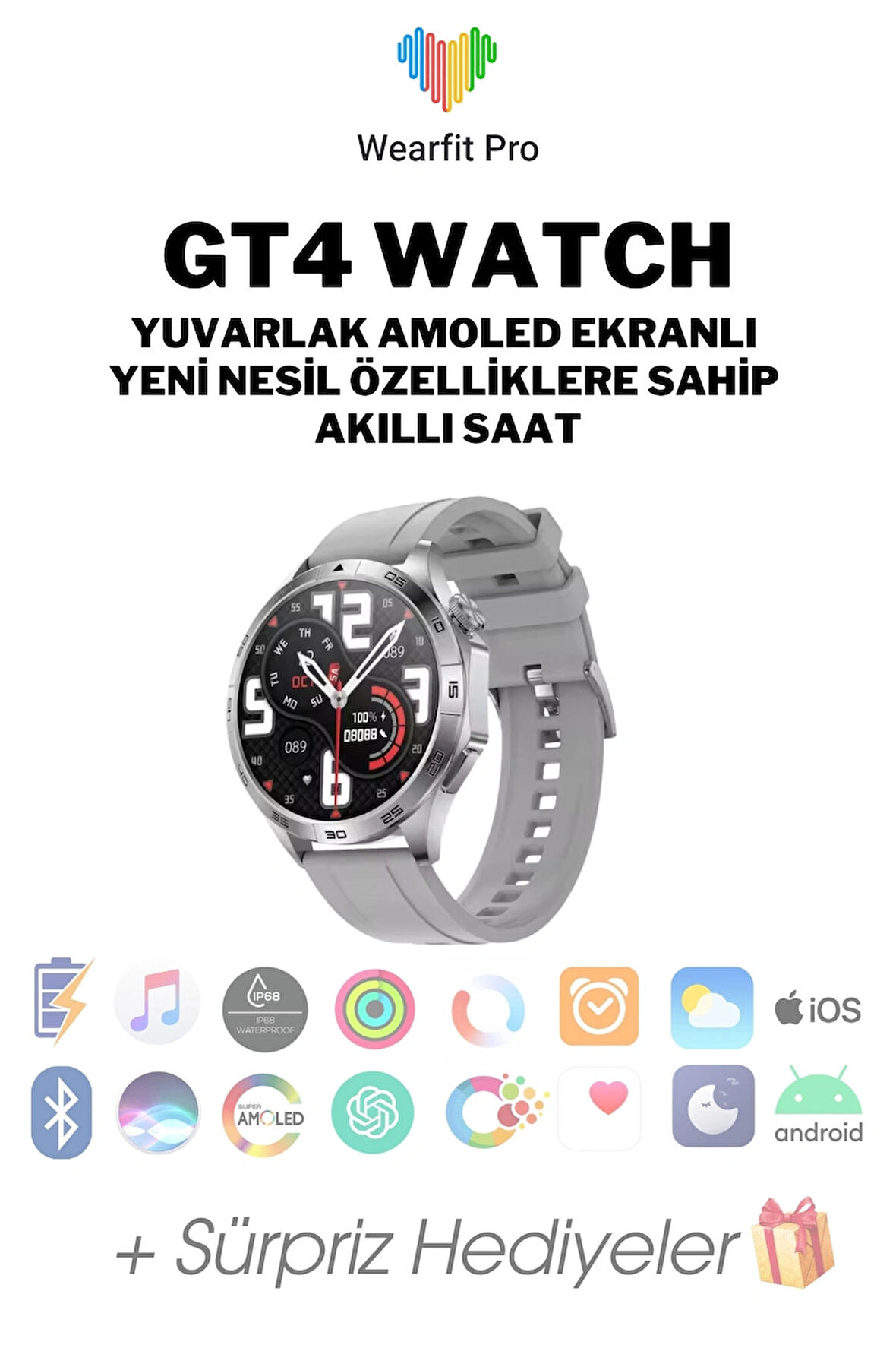 Wearfitpro GT4 Watch Yuvarlak Amoled Ekranyeni Nesil Akıllı Saat Gümüş