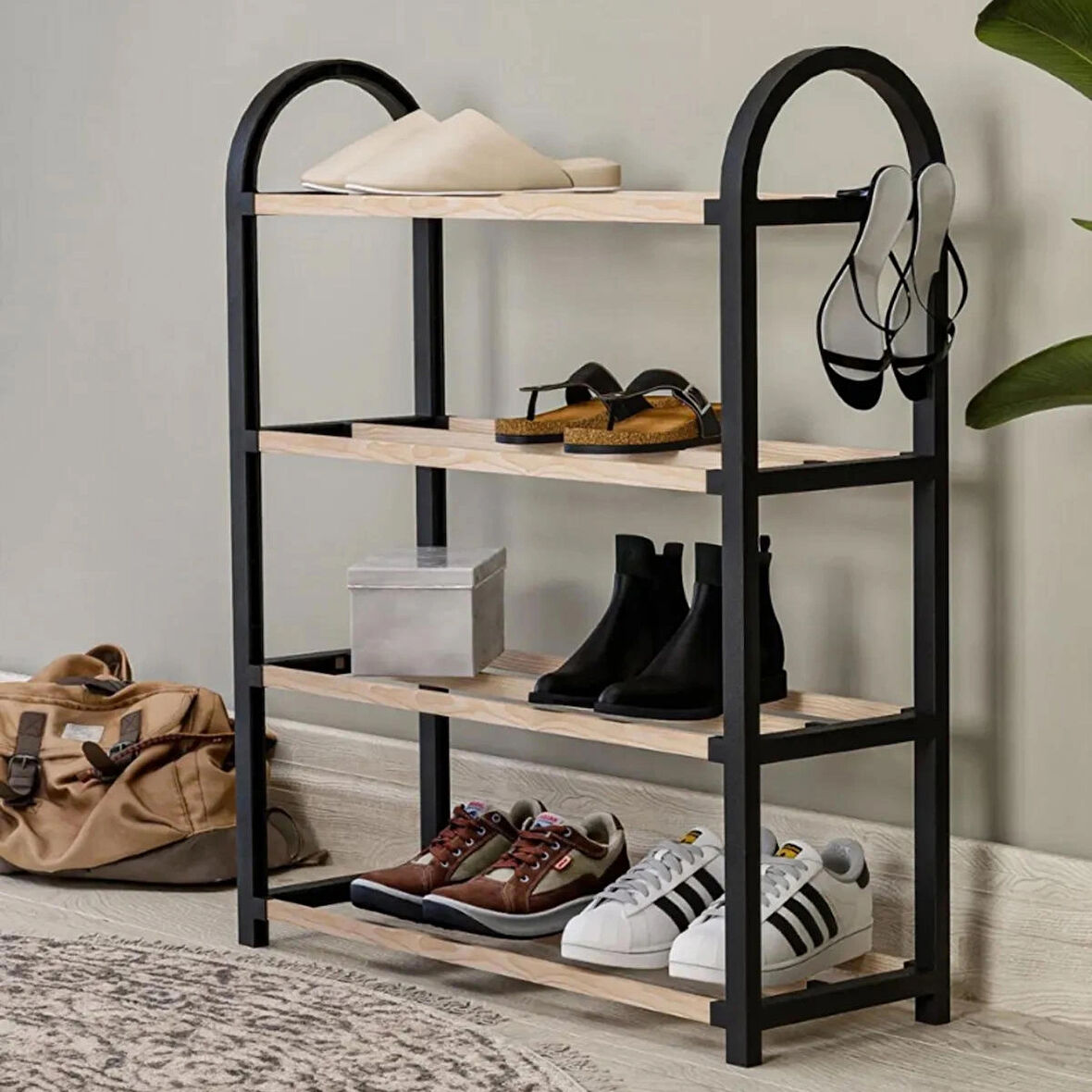 Microcase Ahşap Çubuklu 4 Bölmeli Siyah Ayakkabılık Raf Ünitesi - SİYAH AL5195 