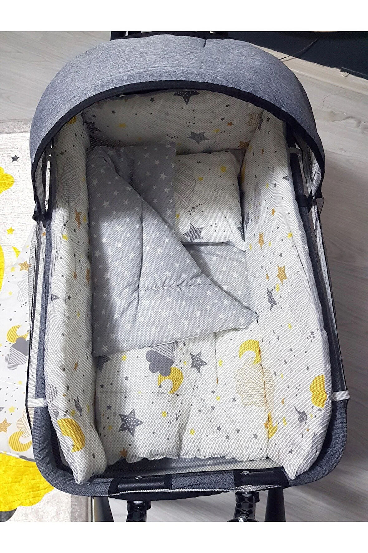 45x85 Tenteli Keten Beşik ve Uyku Seti - Gri Anne Yanı Sallanır Portatif Bebek Beşiği