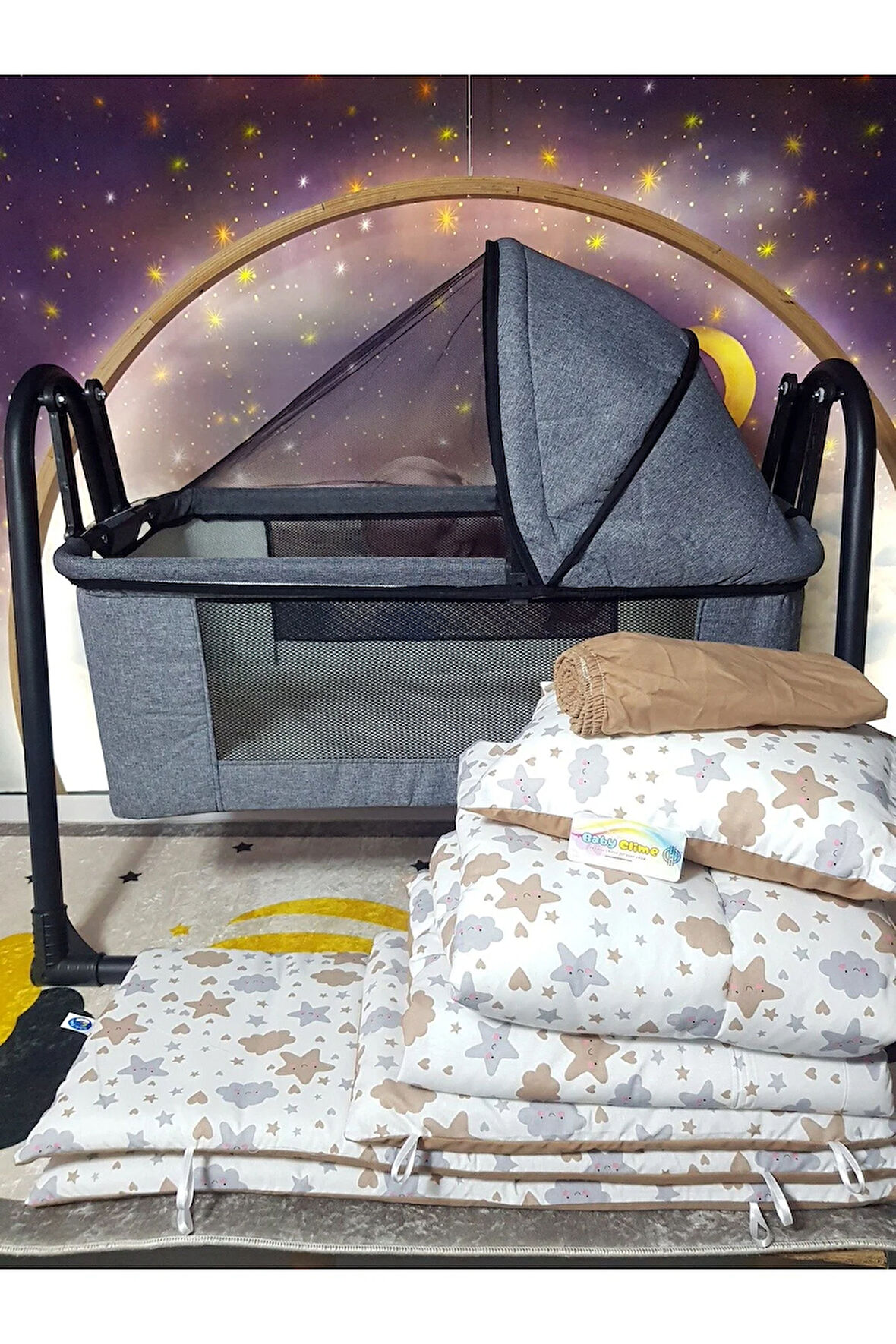 45x85 Tenteli Keten Beşik ve Uyku Seti - Gri Portatif Silinebilir Lüks Keten Fileli