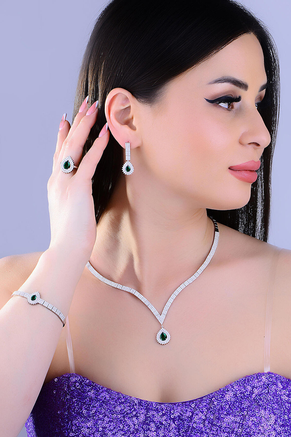 Kadın 925 Ayar Gümüş 3 Sıra Hürrem Damla Su Yolu Düğün Set