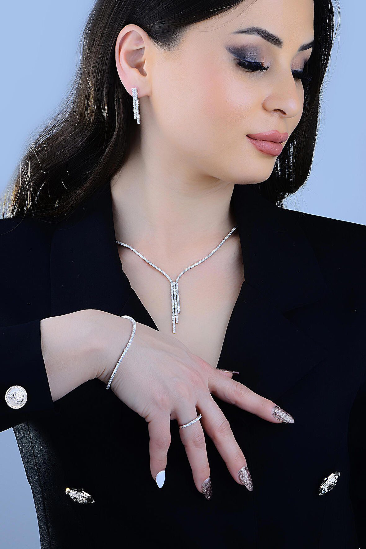 925 Ayar Gümüş Salkım 3 Sıra Pırlanta Montör Su Yolu Düğün Seti