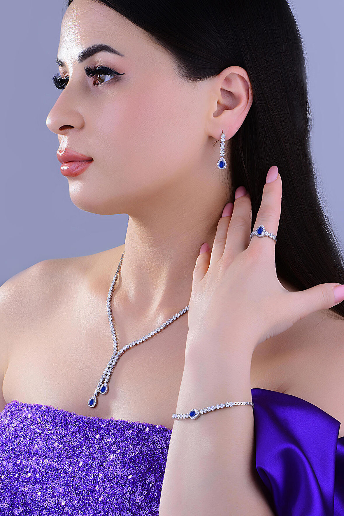 925 Ayar Gümüş Çift Salkım Damla Montör Su Yolu Set