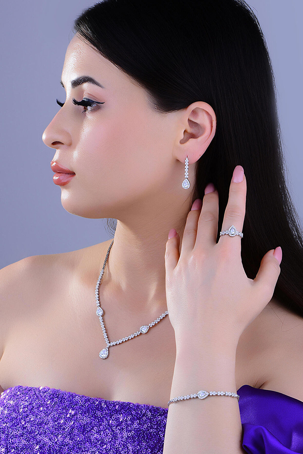 925 Ayar Gümüş V Model Damla Montör Su Yolu Set