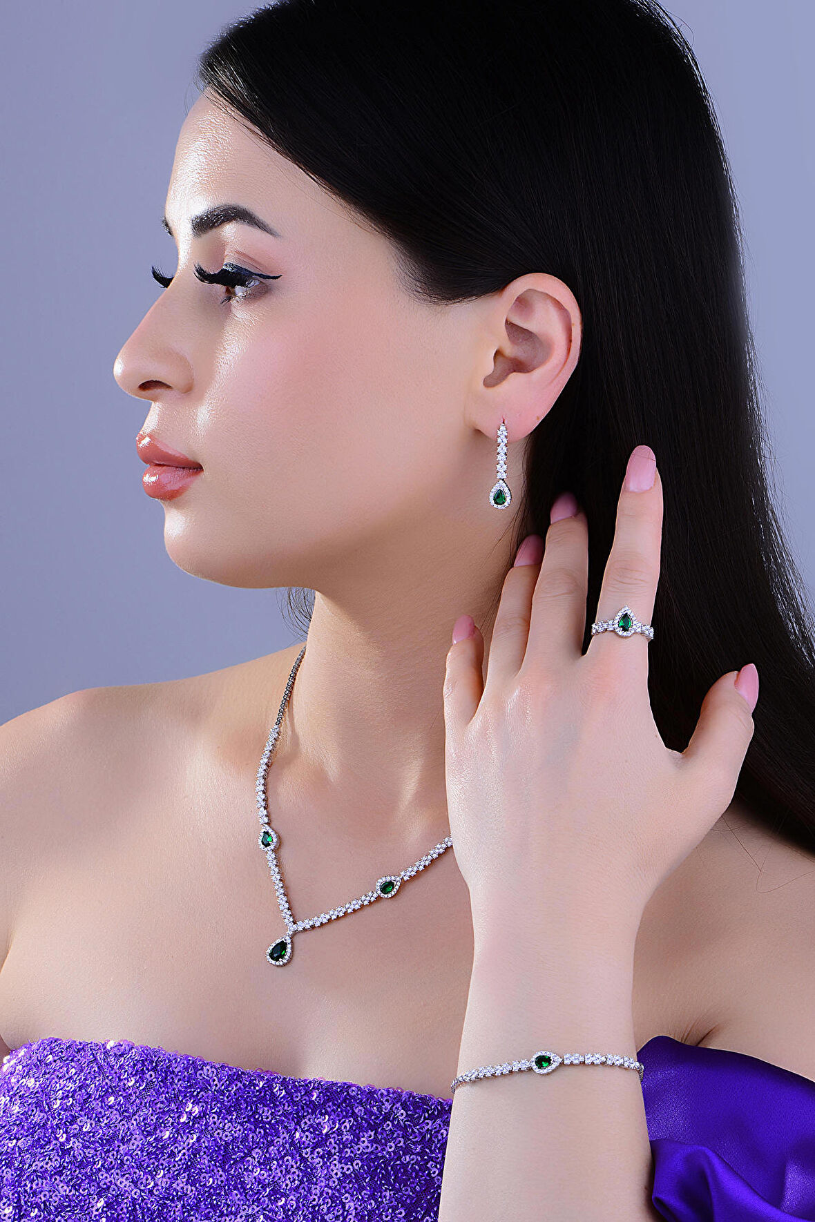 925 Ayar Gümüş V Model Damla Montör Su Yolu Set