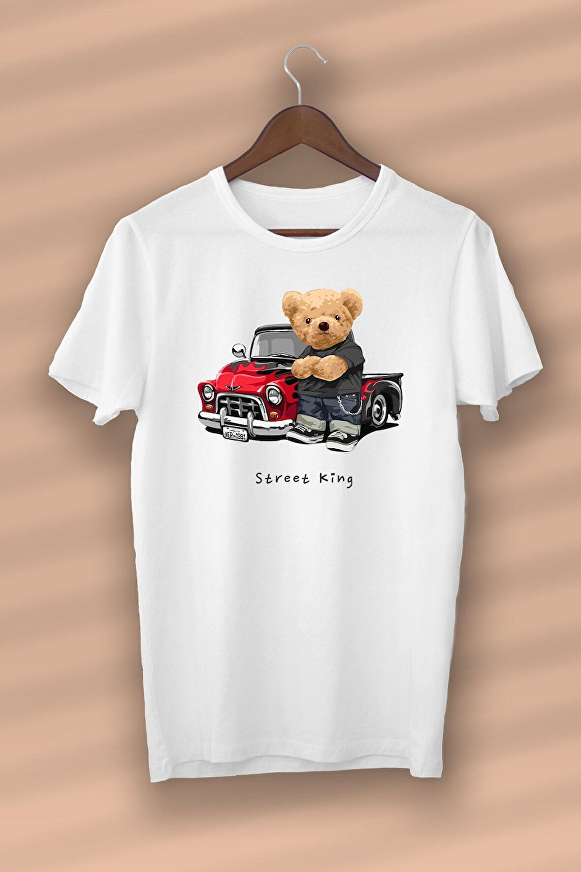 Teddy Bear Street King Baskılı Organik Pamuk Siyah Unisex - Kadın - Erkek - T-shirt
