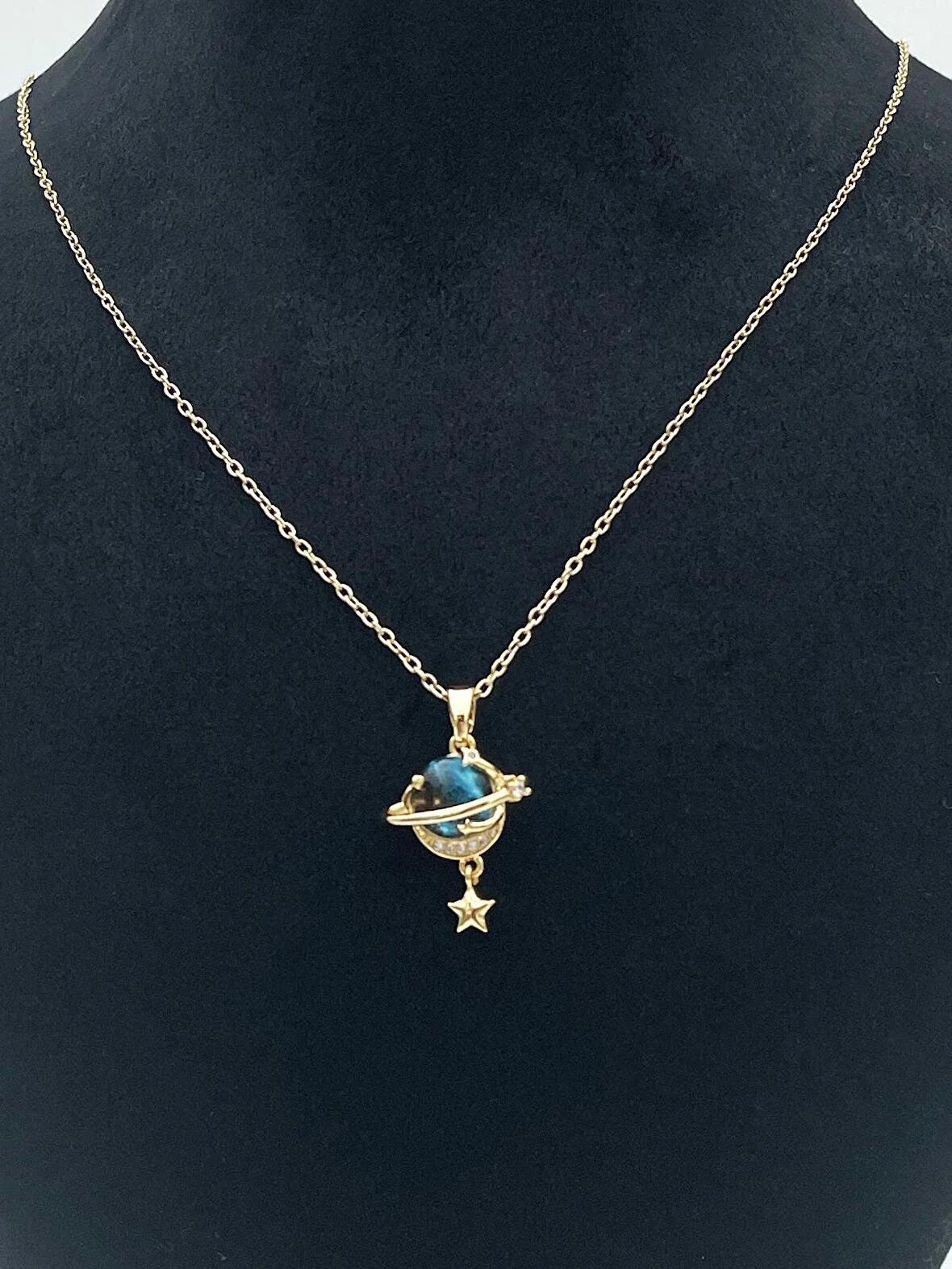 Gezegen Temalı Zirkon Taşlı Gold Çelik Kolye