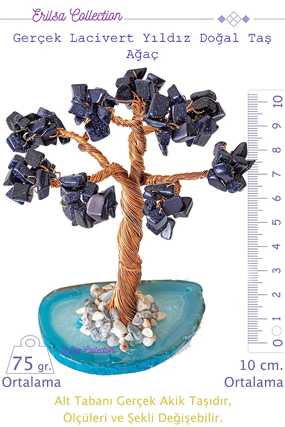 Sertifikalı Gerçek Lacivert Yıldız Doğal Taşı Ağaç - Akik Plakalı