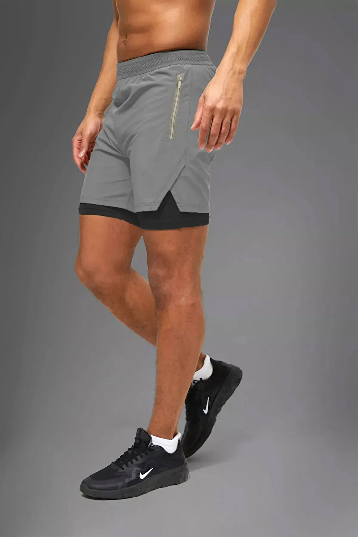 Gri Unisex Gym Ve Fitness Astarlı Taytlı Şort