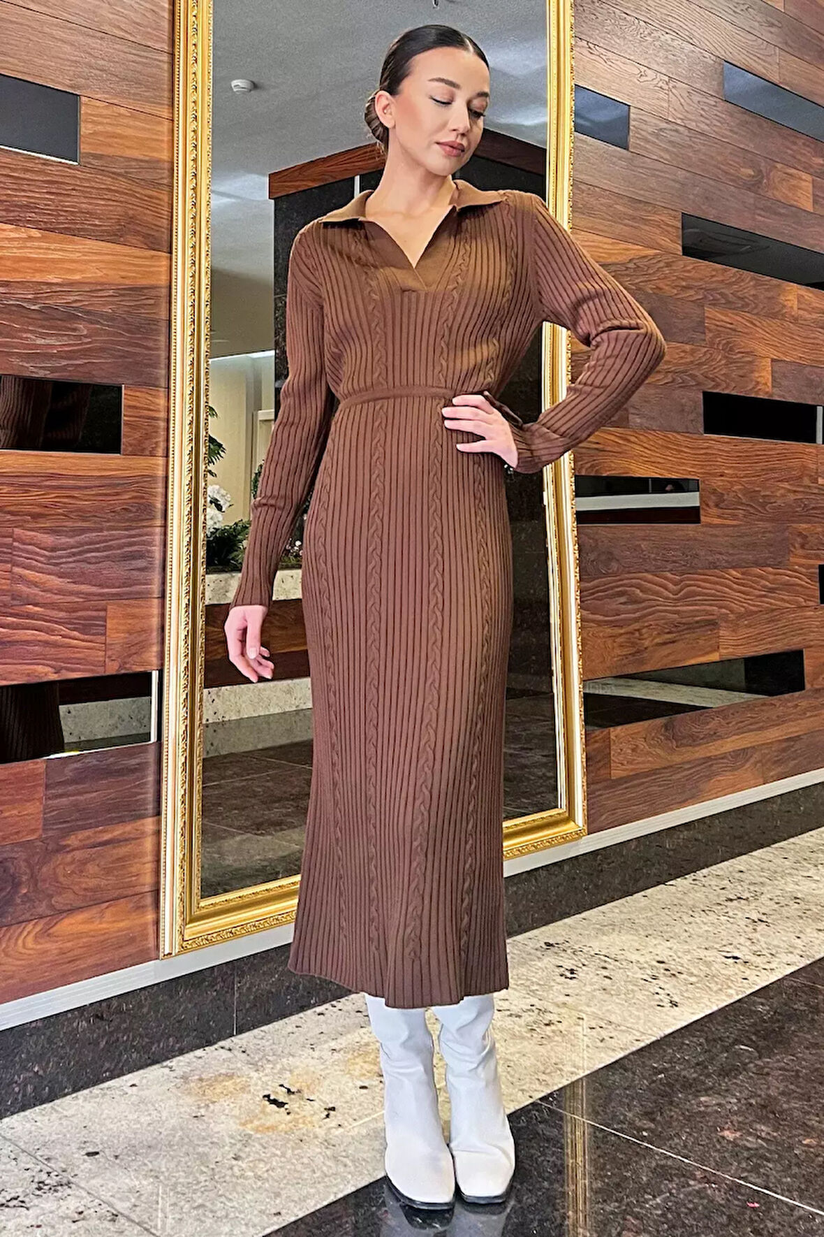 Kadın Polo Yaka Bel Bağlamalı Uzun Triko Elbise