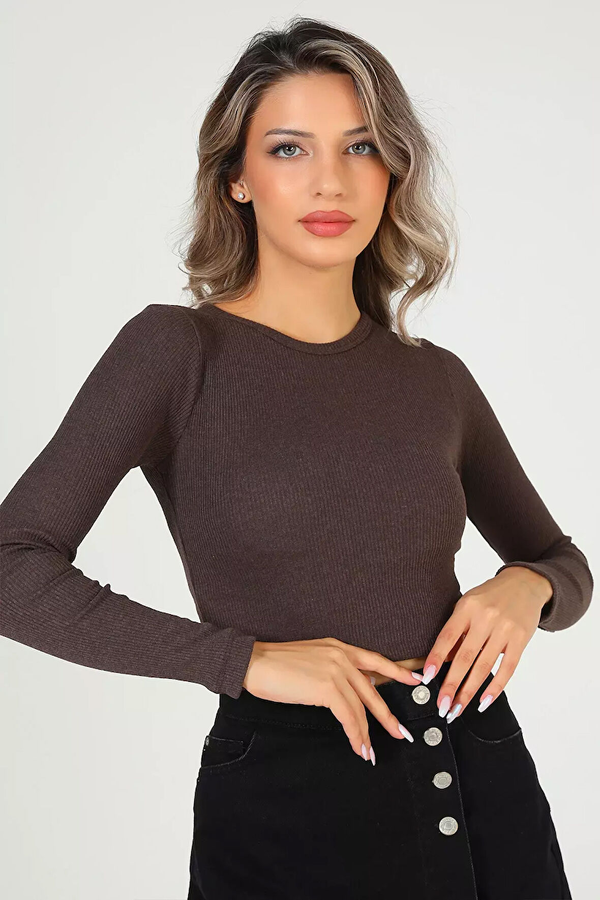 Kadın Bisiklet Yaka Kaşkorse Crop Body Bluz