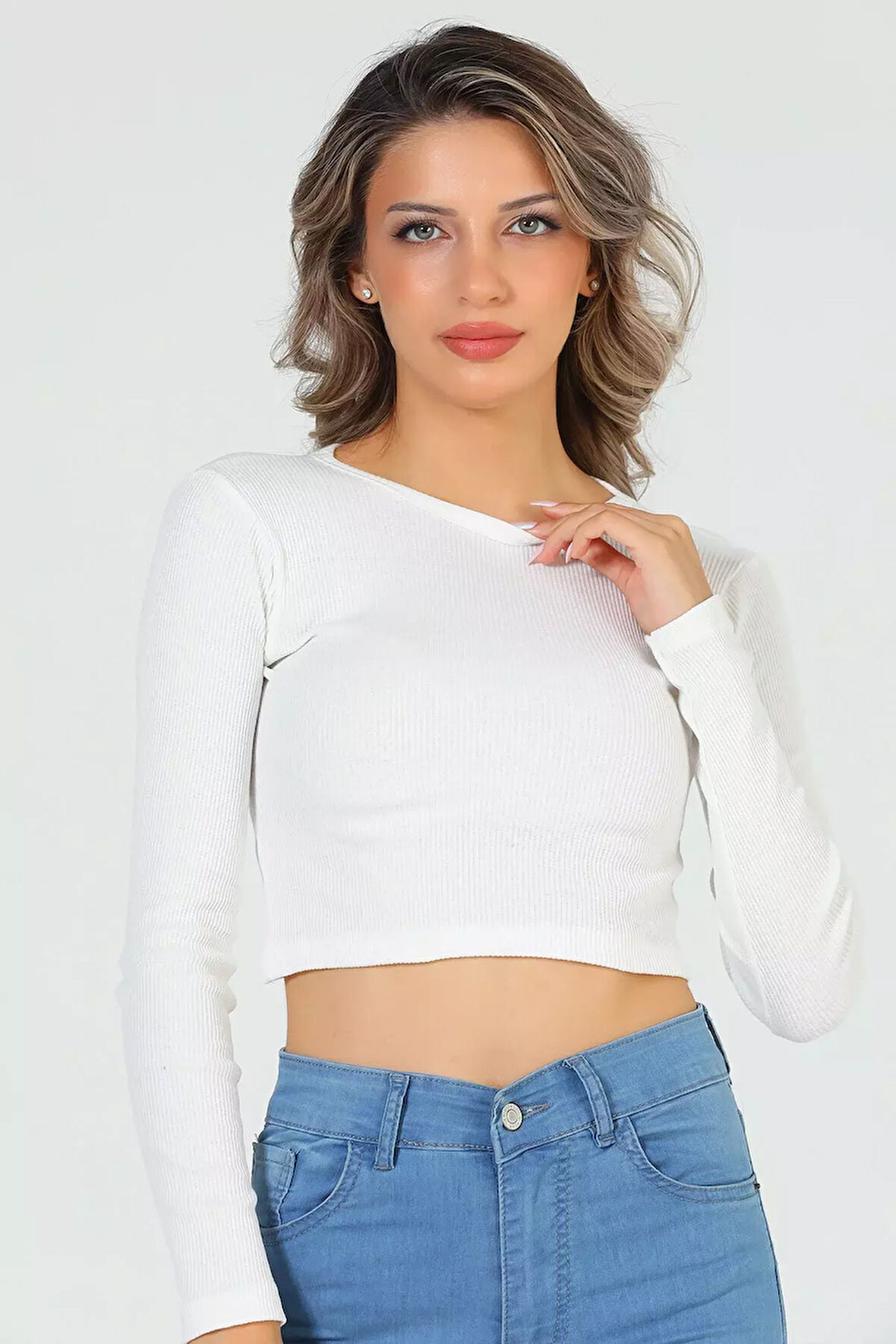 Kadın Bisiklet Yaka Kaşkorse Crop Body Bluz