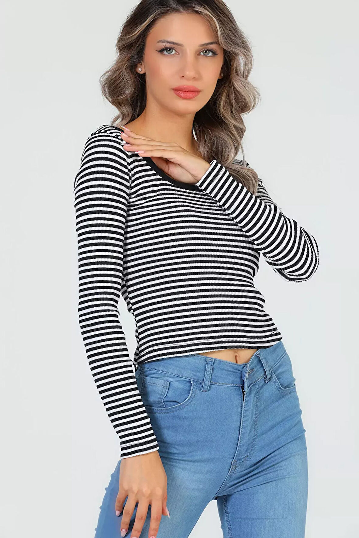 Kadın Kare Yaka Çizgili Kaşkorse Crop Body Bluz