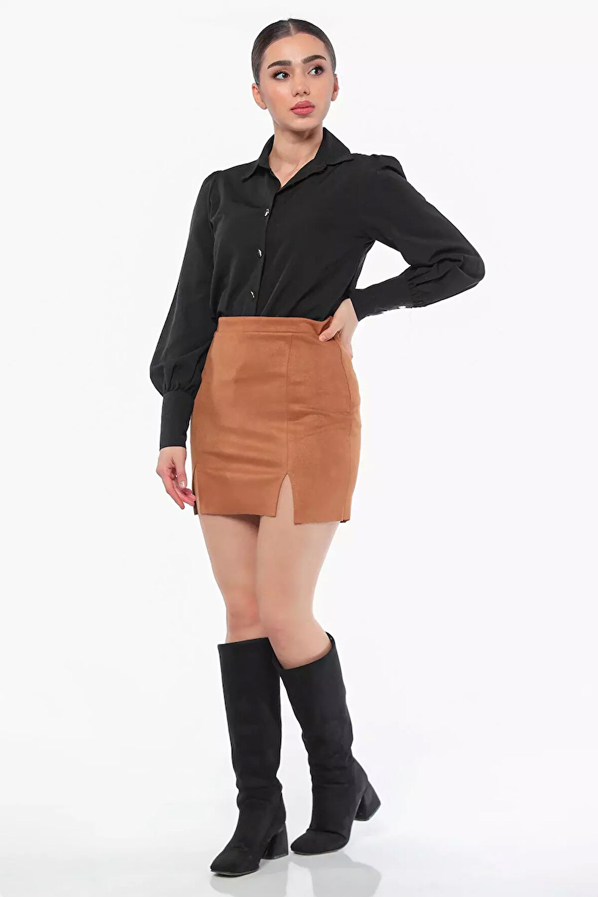 Kadın Çift Yırtmaçlı Mini Süet Etek