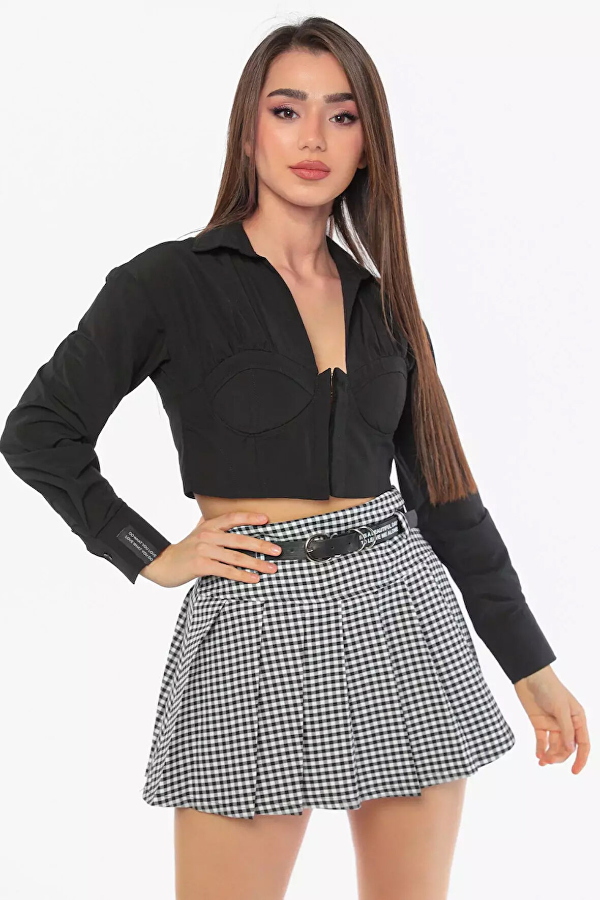 Kadın Korse Detaylı Agraflı Crop Top Gömlek