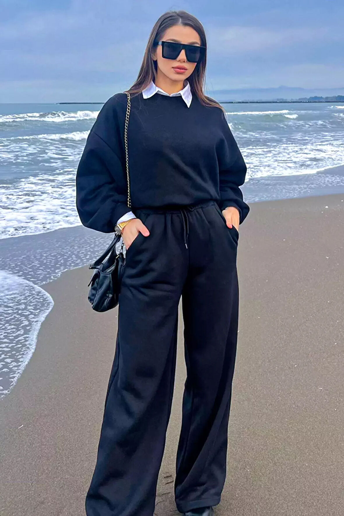 Kadın Bel Bağcıklı Üç İplik Şardonlu Bol Paça Palazzo Alt Eşofman