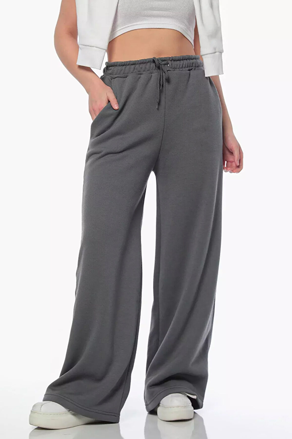 Kadın Bel Bağcıklı Üç İplik Şardonlu Bol Paça Palazzo Alt Eşofman