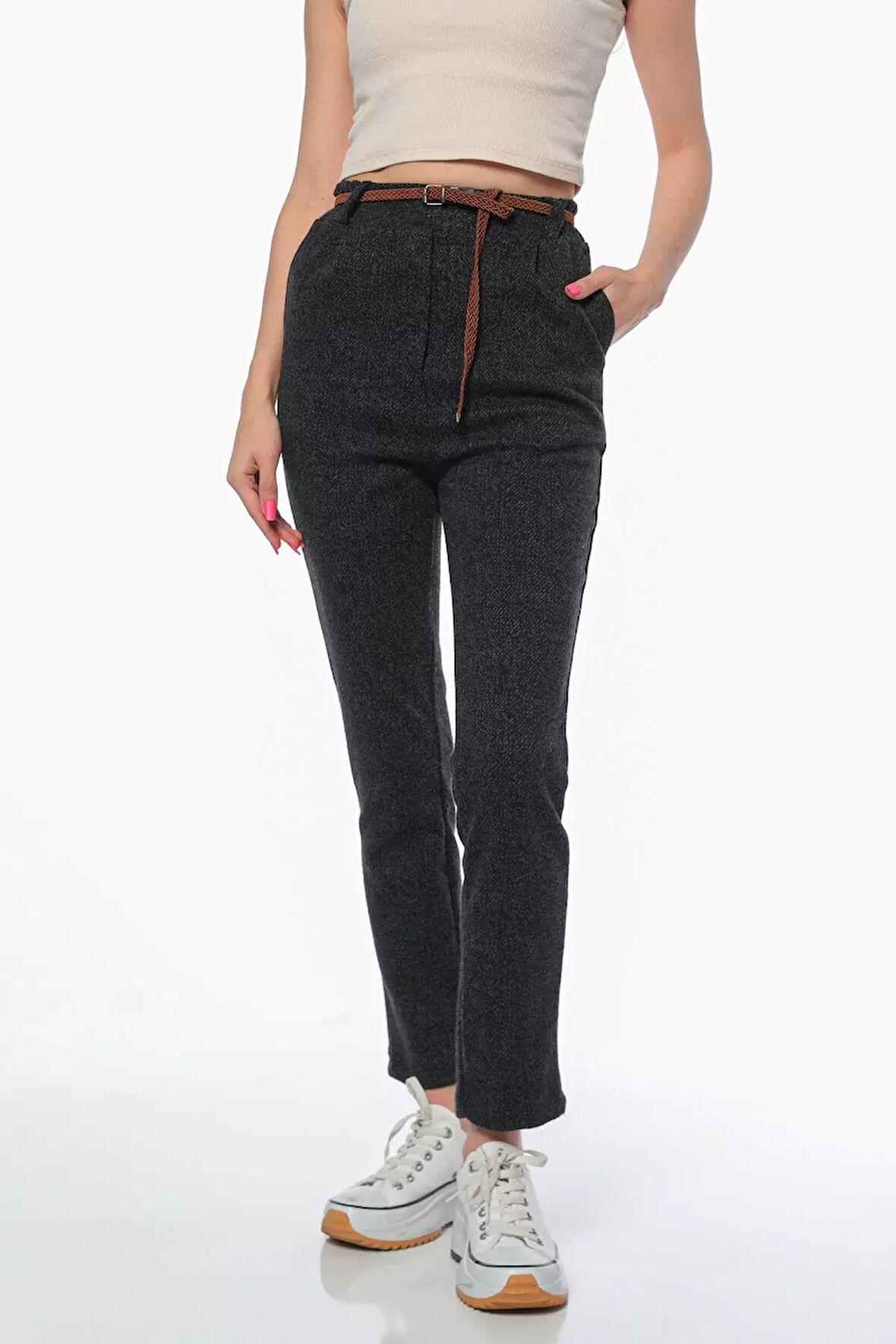 Kadın Yüksek Bel Kendinden Desenli Kemerli Kışlık Pantolon